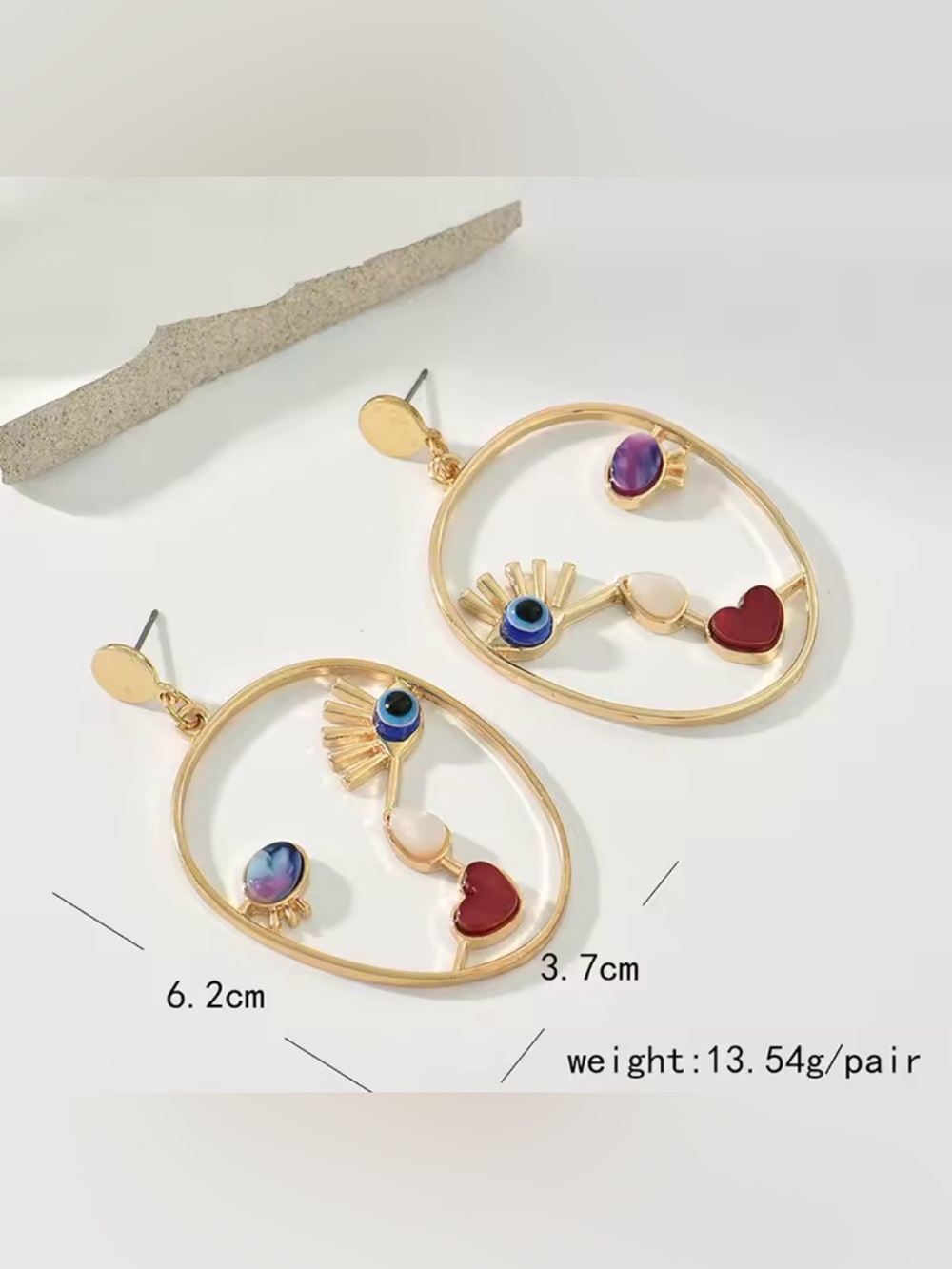 Gold-tone Face Drop Earrings with Pink, Yellow & Blue Accents - Picture 4 of 5